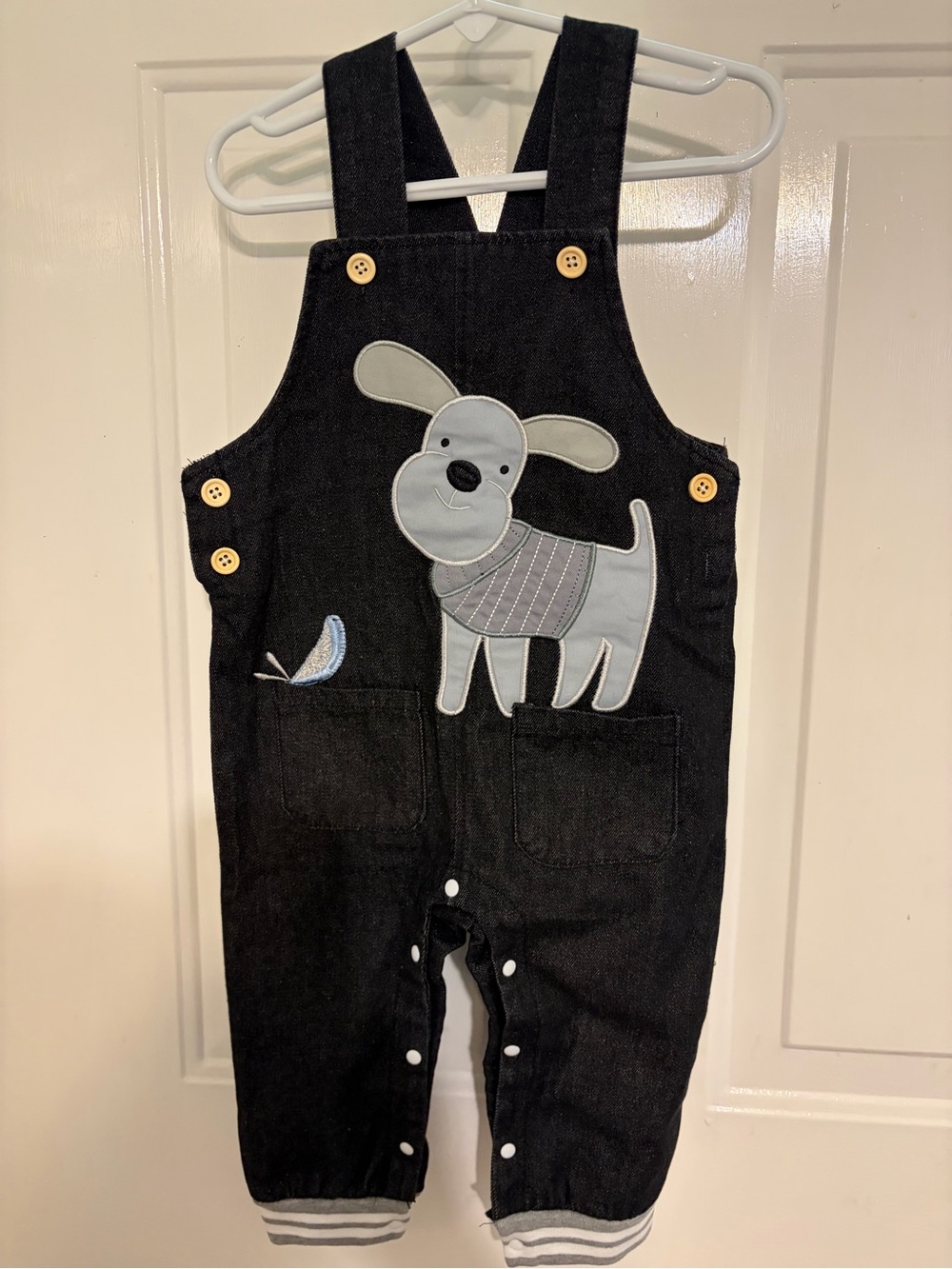 Adorable Black Denim Baby Boys' Overalls w/Sweet Gray Puppy Appliqué Size 12-18M